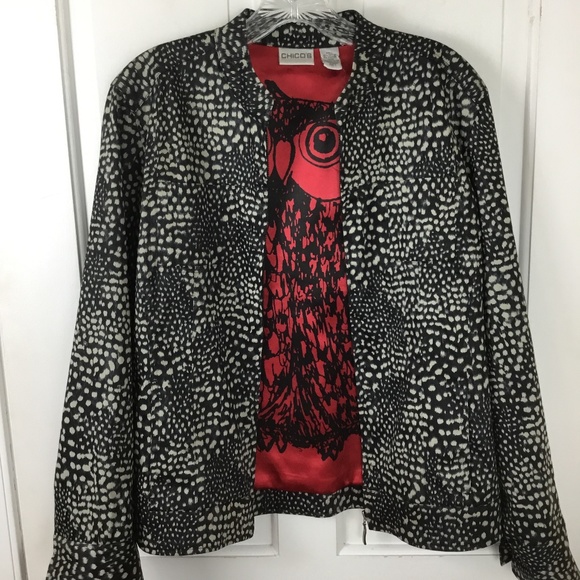 Chicos Animal Print Jacket Zip front Size M Long Sleeve Collarless - Picture 1 of 5
